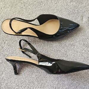 Elegant Black Patent Leather Slingback Heels 8.5.Frank Sarto